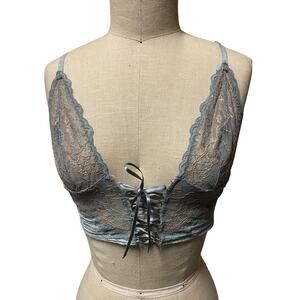 Savage X Fenty Lace Corset Bra Blue Embroidered Denim look sides  XS
